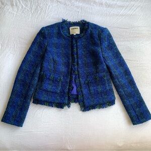 L’agence Angelina Tweed Open Front Pocket Blazer Suit Jacket Blue